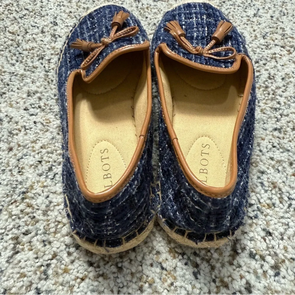 Talbots Izzy Tassel Espadrilles Boucle Womens 6.5 Blue Tan Brown Shoes Preppy